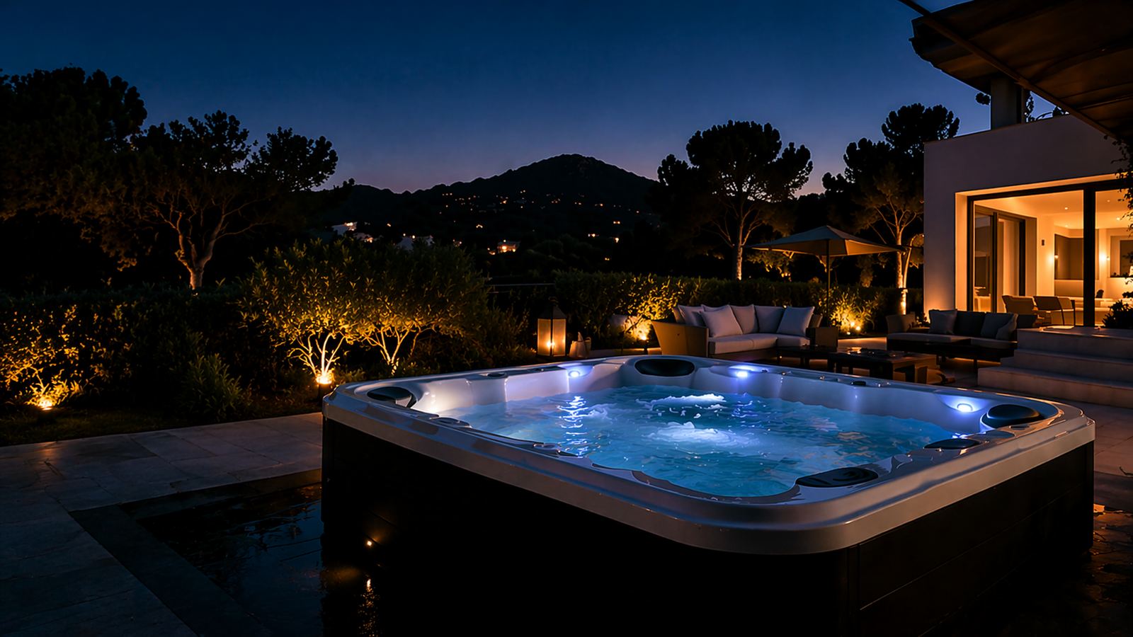 Illuminated outdoor jacuzzi on a Mallorca terrace at night