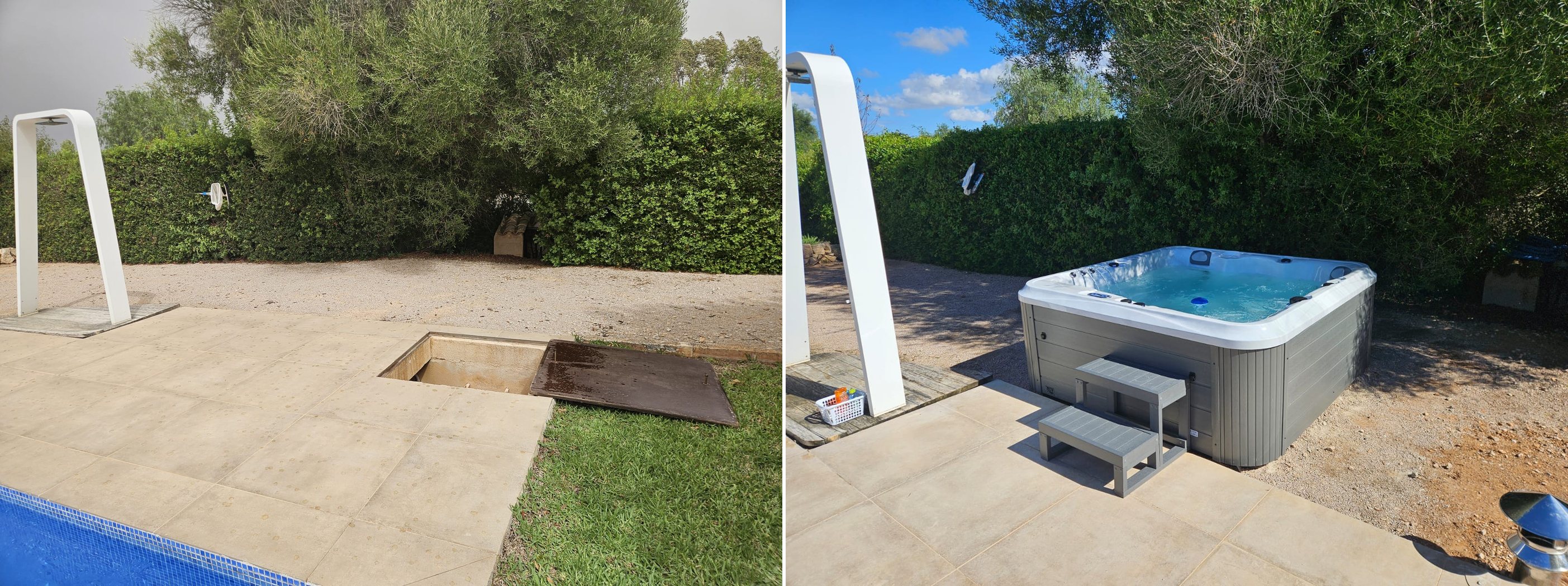 Before and after: the empty terrace beside the pool and the finished Waterwave BS 302 whirlpool at Casa Viduleto