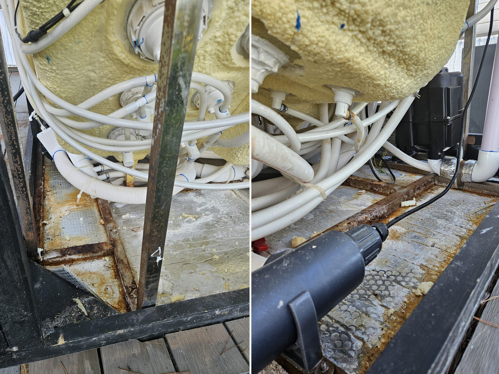 The old spa's underside showing the leak, rust and worn base before replacement at Costa de la Calma