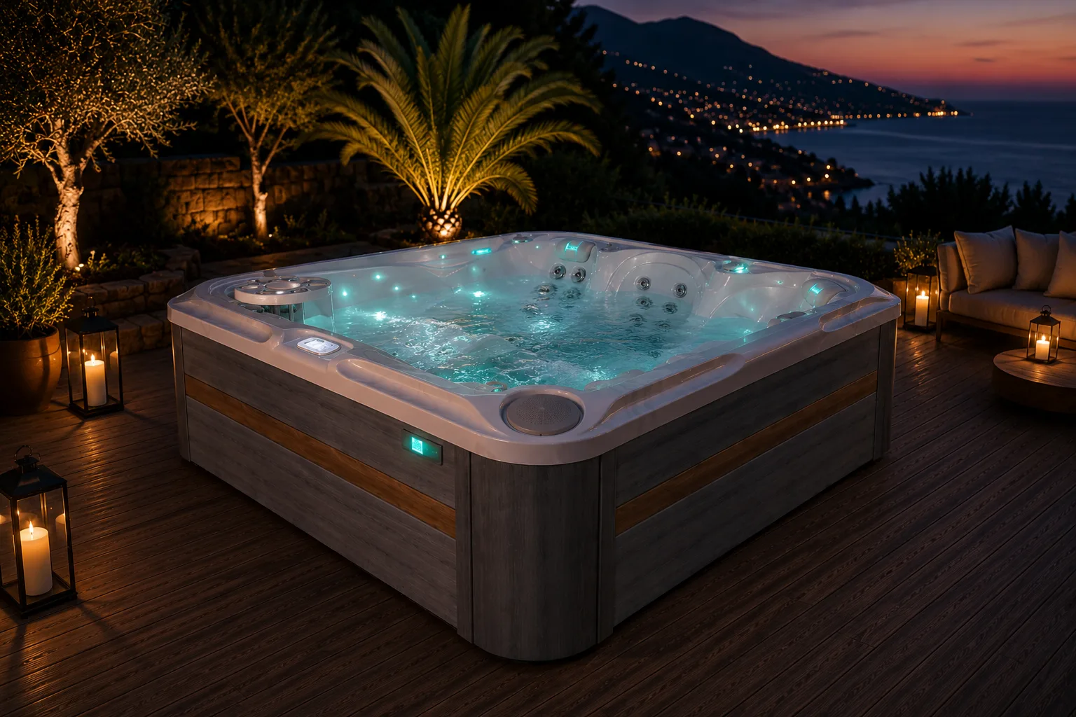 Jacuzzi en una terraza de Mallorca al atardecer