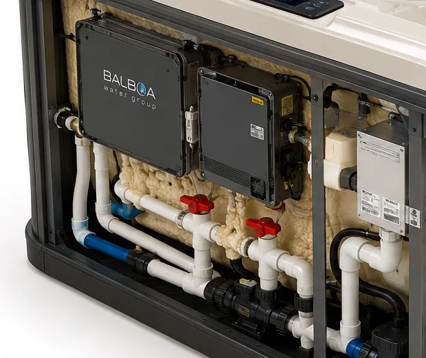 Hot tub technical compartment showing insulation, control unit and plumbing