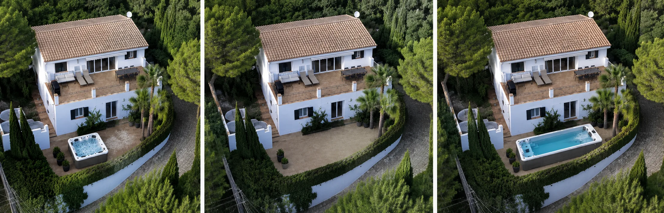 The same Mallorca villa terrace shown empty, with a hot tub, and with a swim spa installed