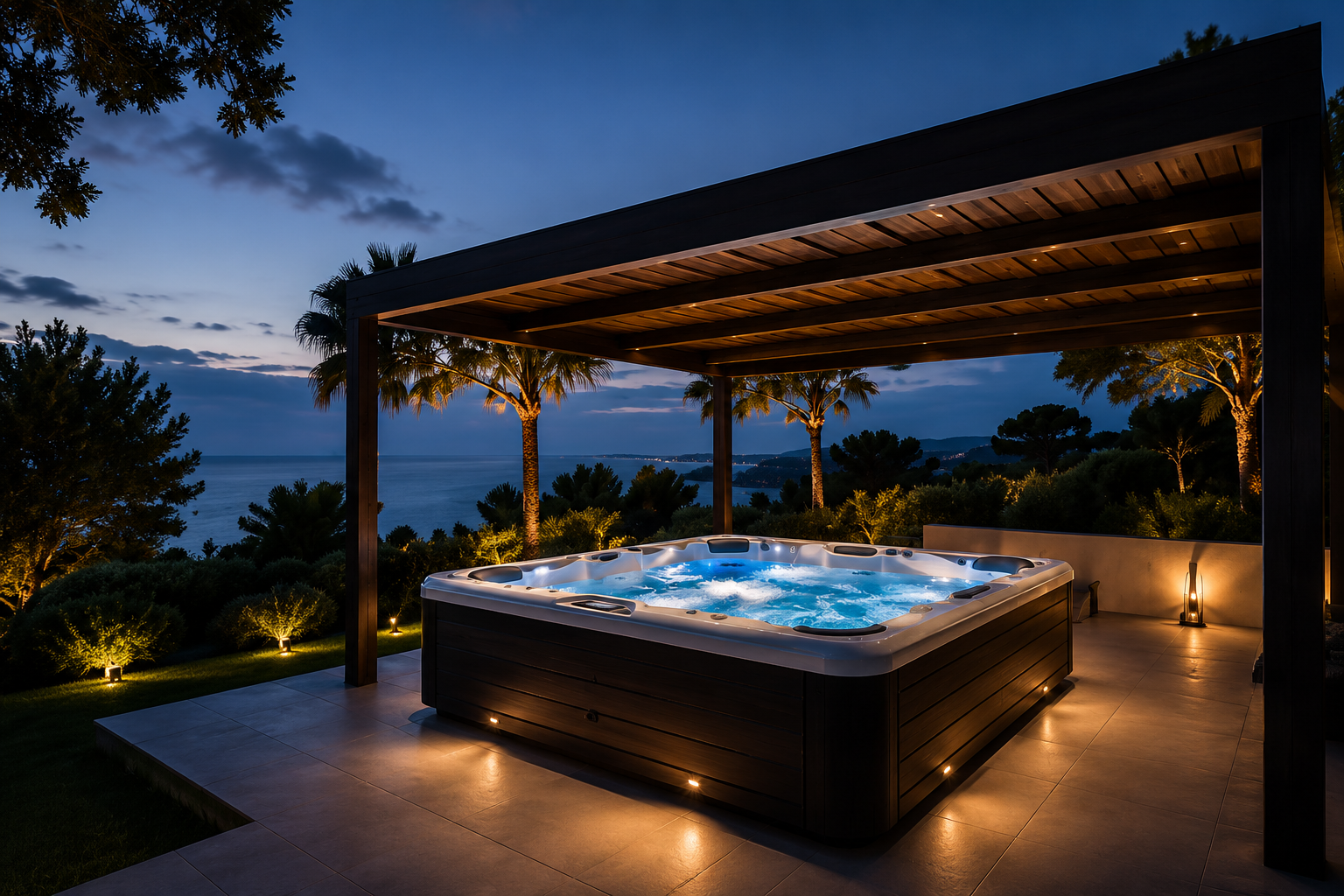 Premium hot tub installation at sunset in Mallorca