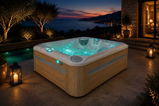 Jacuzzi de tres plazas con dos tumbonas