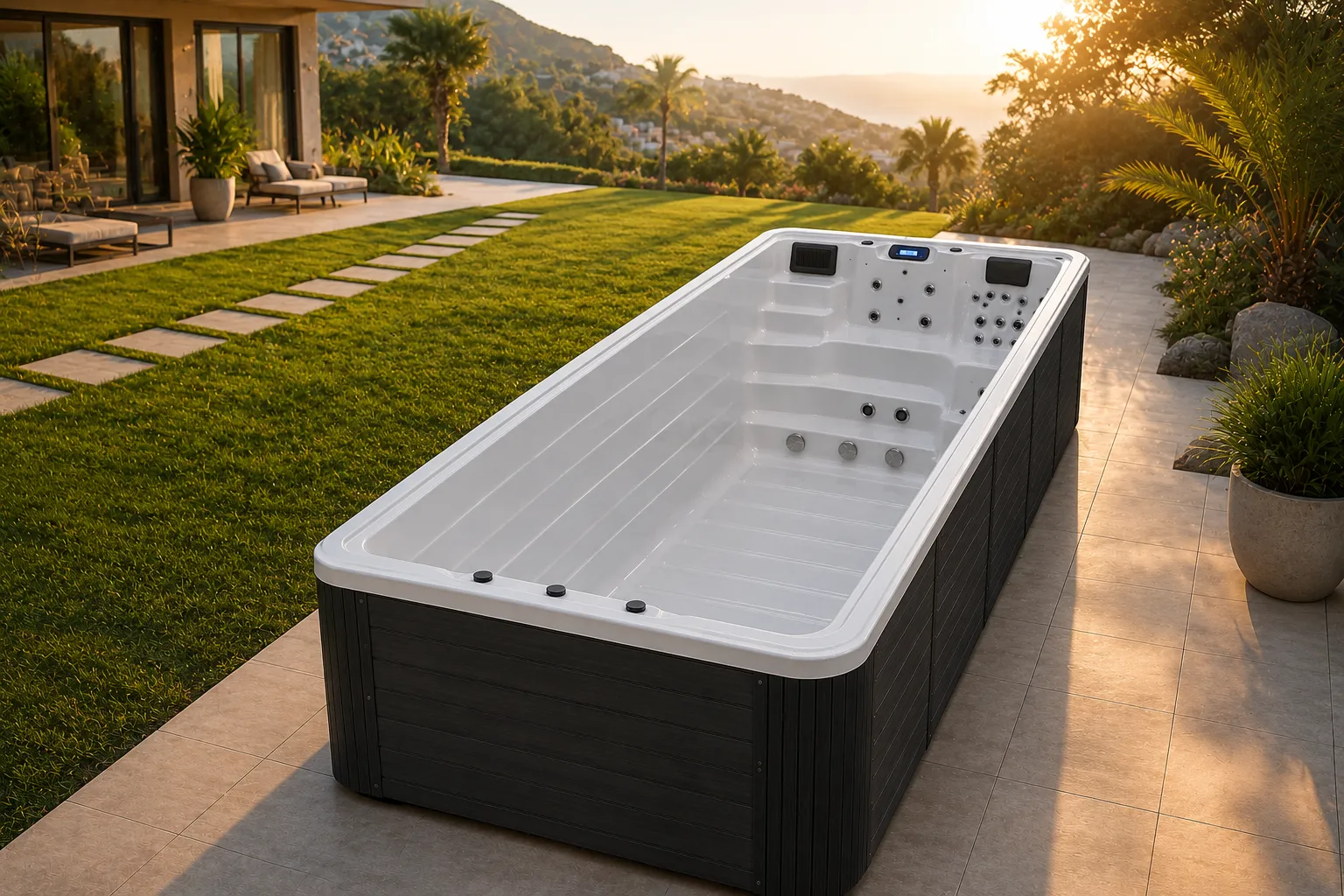 Swim spa on a terrace with garden setting
