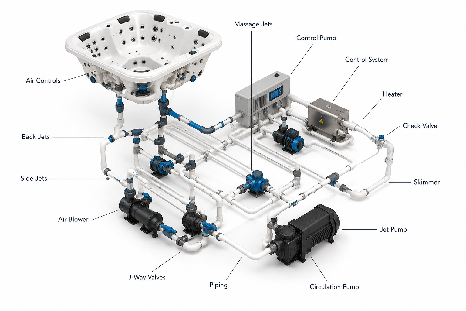 Whirlpool technical drawing showing pump and jet layout