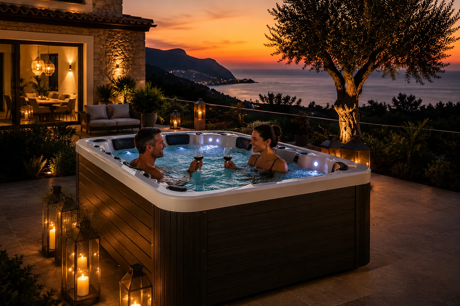 Hot tub at sunset with wine