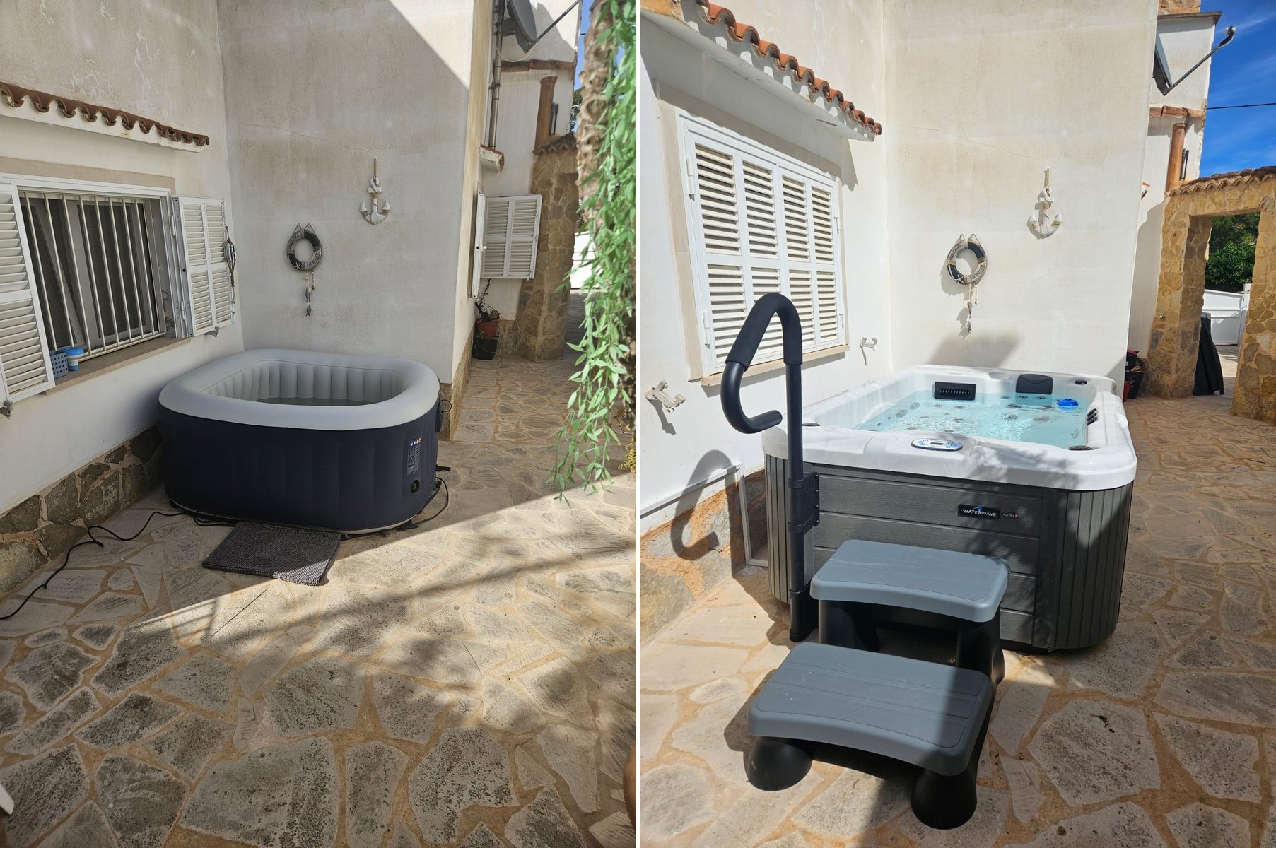 Before and after: the old inflatable tub beside the finished low-profile Chicago whirlpool under the window