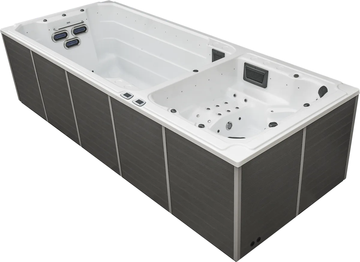 Zwei-Zonen-Swimspa: Schwimmteil und Wellnessteil